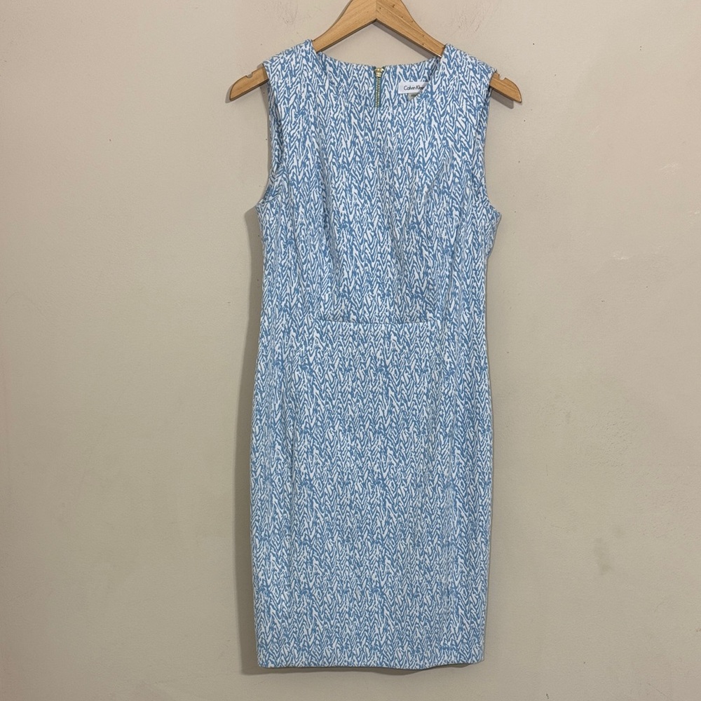 Calvin Klein Light Blue and White Sleeveless Midi Sheath Dress